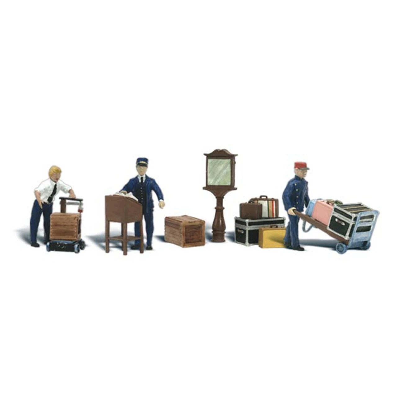 Woodland Scenics #1909 - Depot Workers And Accessories - HO Scale 3 Woodland Scenics #1909 - Depot Workers And Accessories - HO Scale